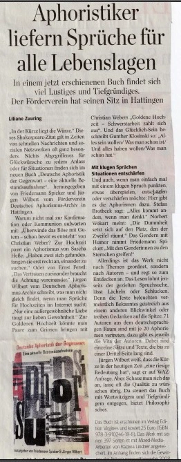 Vollständiger Artikel als PDF Zeitungsausschnitt: Aphoristiker liefern Sprüche für alle Lebenslagen